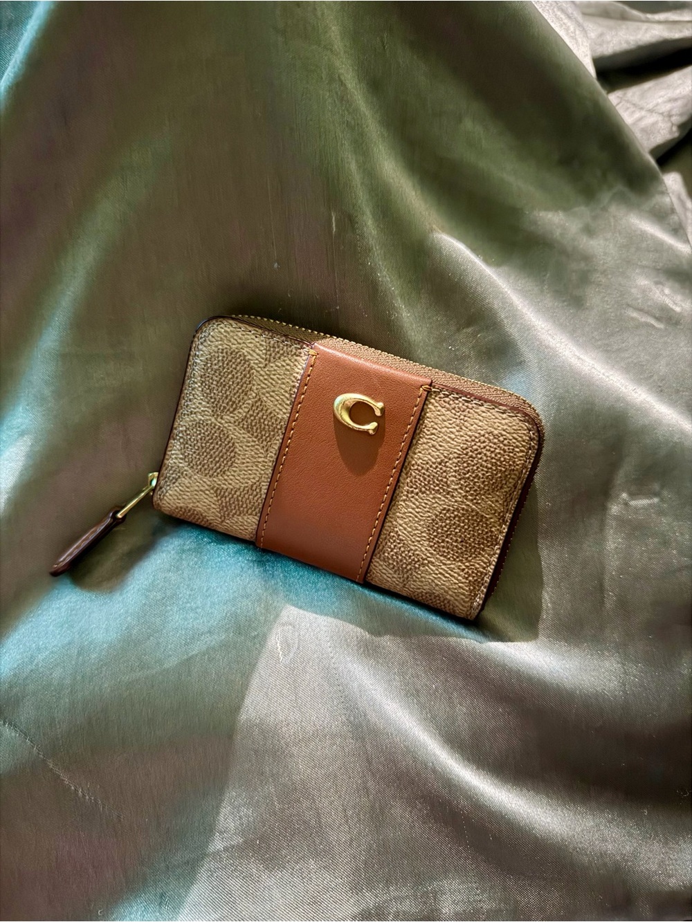 Coach Small Zip Wallet in Brown and Tan with Gold 'C' Accent